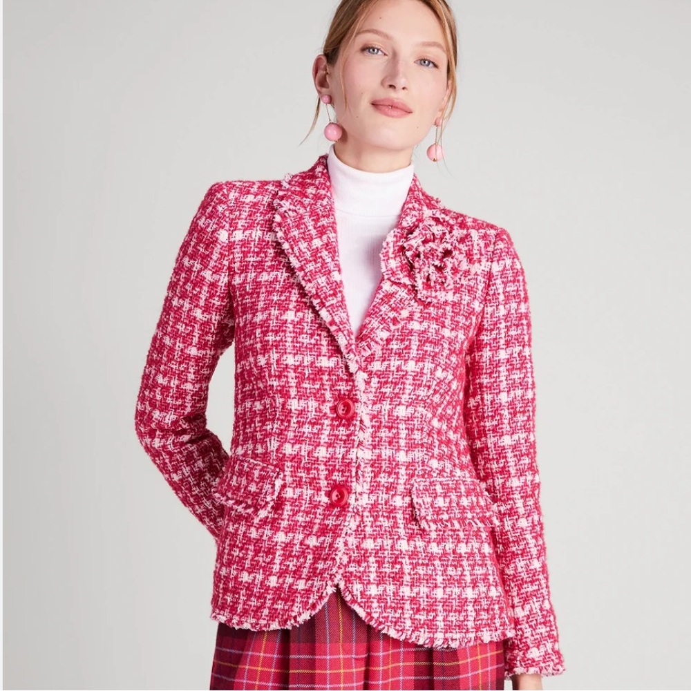 kate spade Pink & White Tweed Notched Lapel Blazer